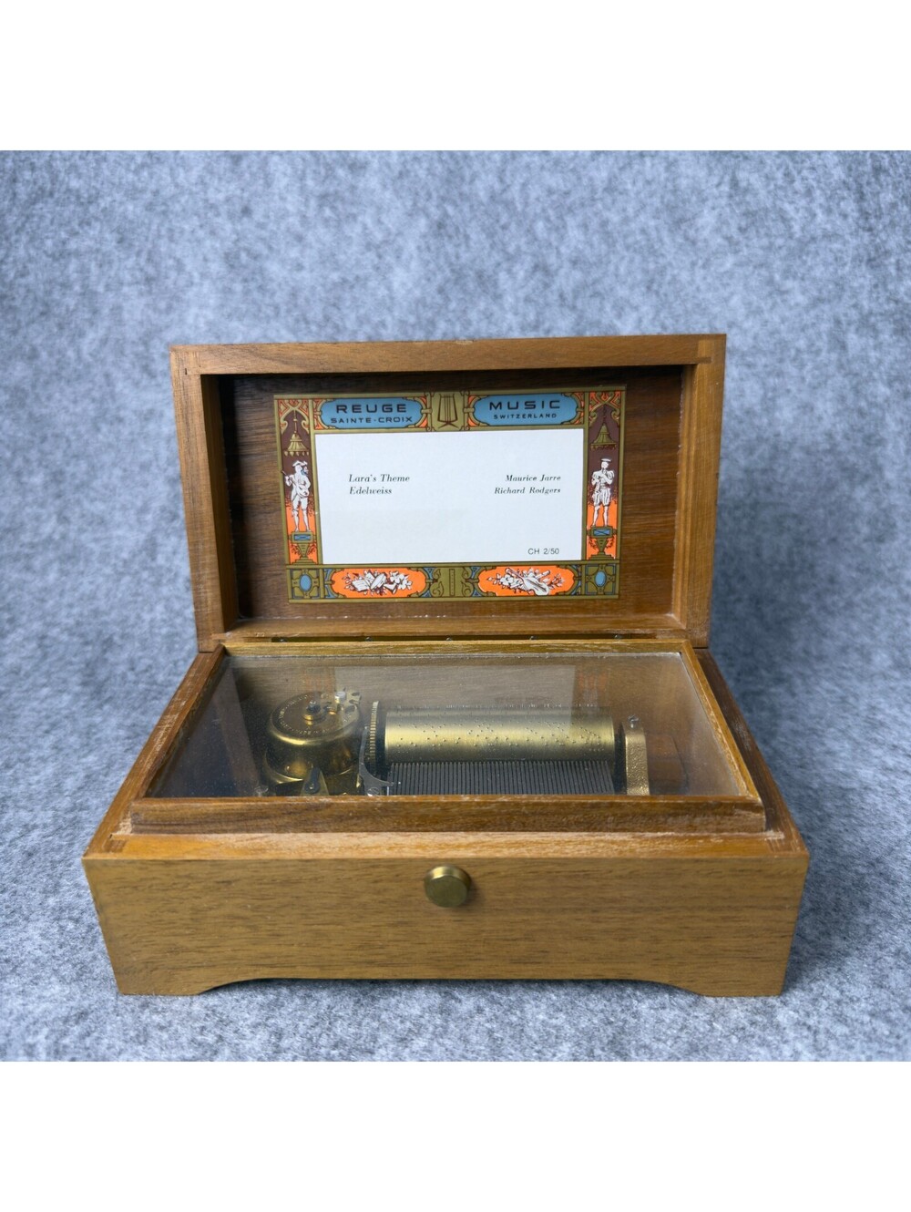 Vintage Reuge Music Box with Wooden Case and Glass Lid